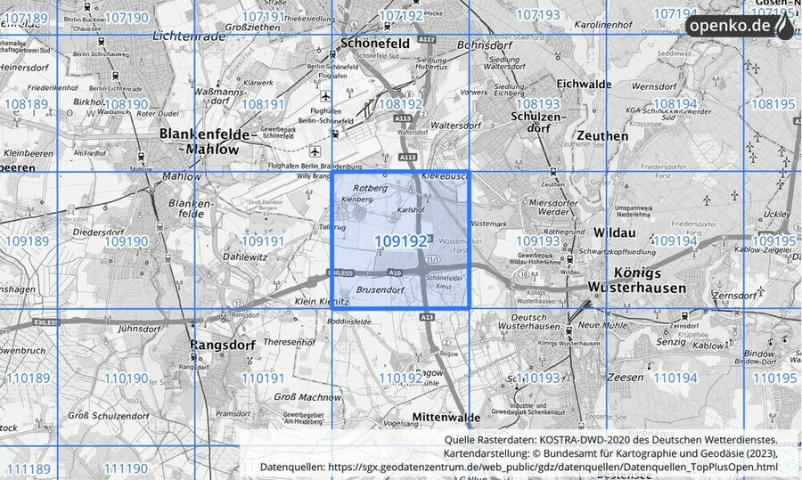 Übersichtskarte des KOSTRA-DWD-2020-Rasterfeldes Nr. 109192