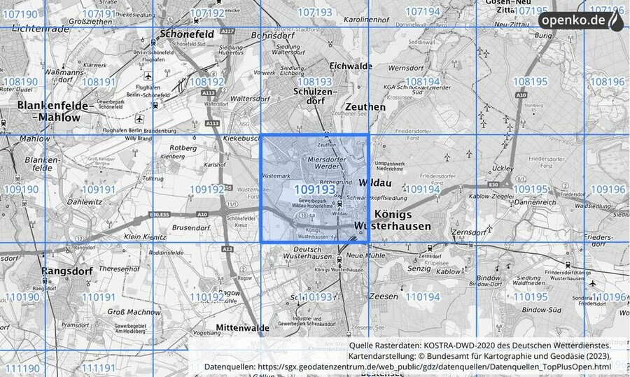 Übersichtskarte des KOSTRA-DWD-2020-Rasterfeldes Nr. 109193