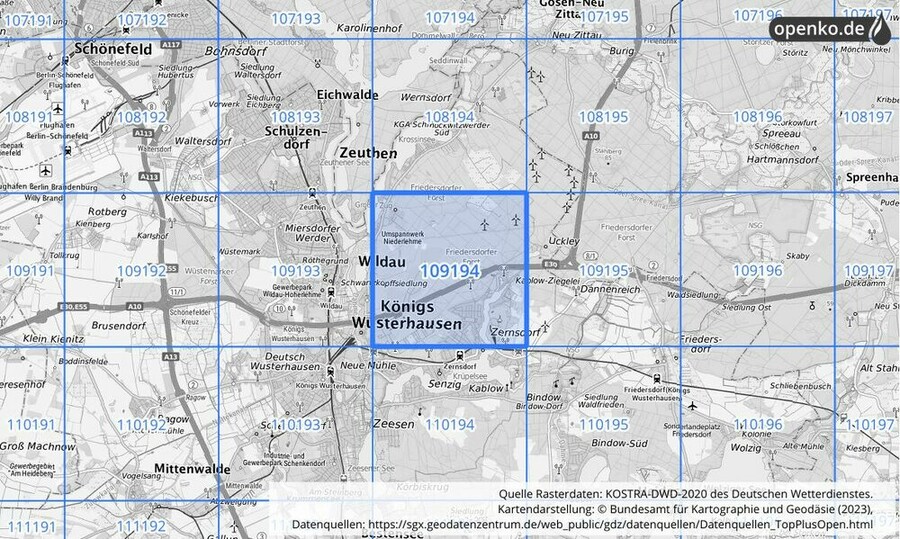 Übersichtskarte des KOSTRA-DWD-2020-Rasterfeldes Nr. 109194