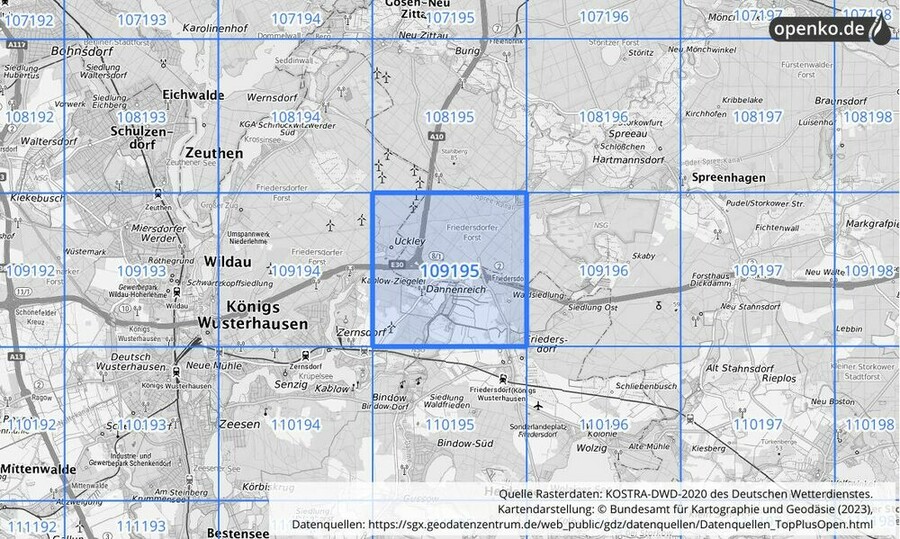 Übersichtskarte des KOSTRA-DWD-2020-Rasterfeldes Nr. 109195