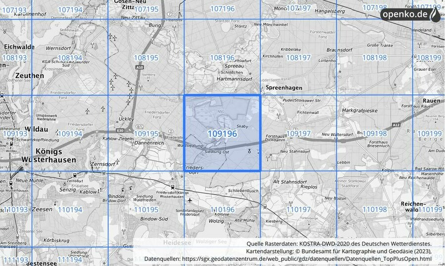 Übersichtskarte des KOSTRA-DWD-2020-Rasterfeldes Nr. 109196