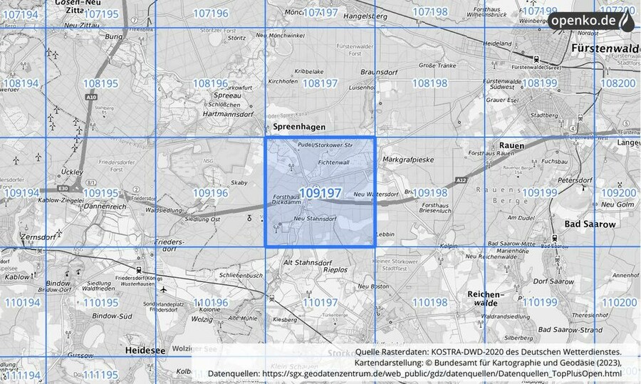 Übersichtskarte des KOSTRA-DWD-2020-Rasterfeldes Nr. 109197