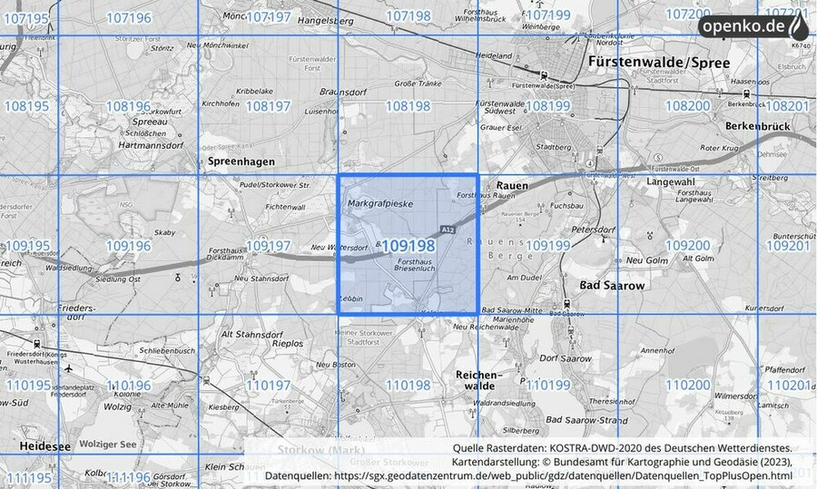 Übersichtskarte des KOSTRA-DWD-2020-Rasterfeldes Nr. 109198