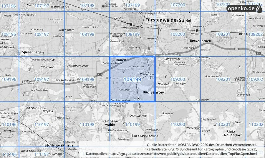 Übersichtskarte des KOSTRA-DWD-2020-Rasterfeldes Nr. 109199