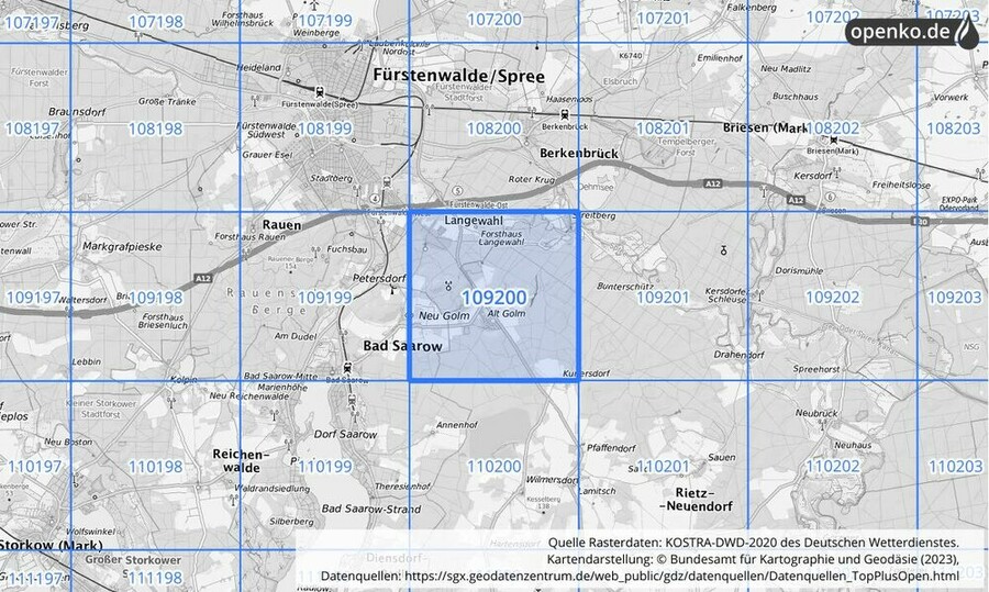 Übersichtskarte des KOSTRA-DWD-2020-Rasterfeldes Nr. 109200