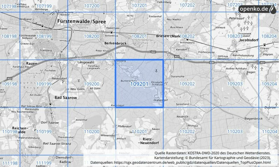 Übersichtskarte des KOSTRA-DWD-2020-Rasterfeldes Nr. 109201