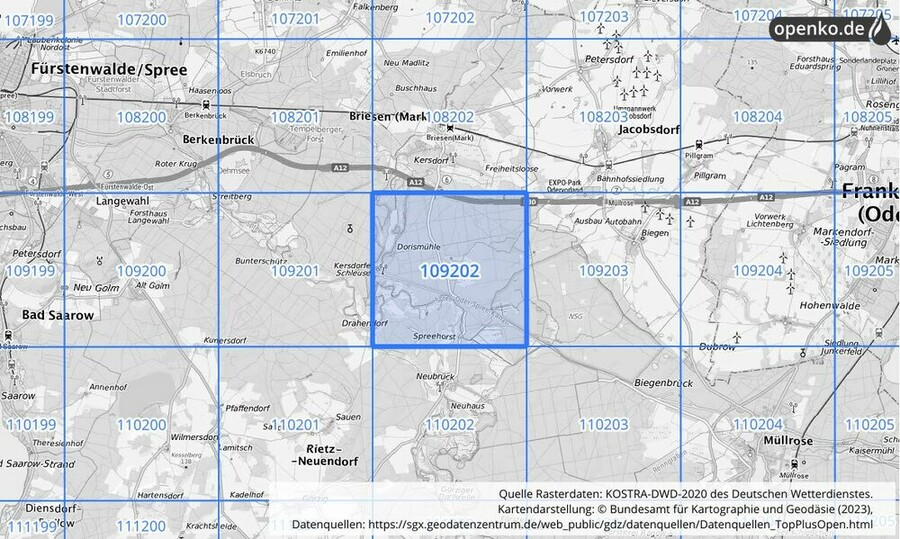 Übersichtskarte des KOSTRA-DWD-2020-Rasterfeldes Nr. 109202