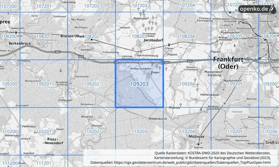 Übersichtskarte des KOSTRA-DWD-2020-Rasterfeldes Nr. 109203