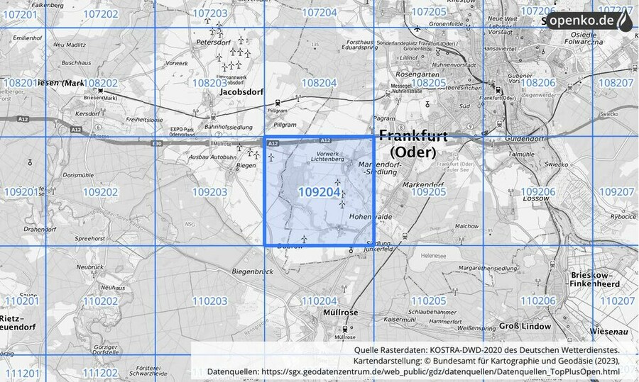 Übersichtskarte des KOSTRA-DWD-2020-Rasterfeldes Nr. 109204