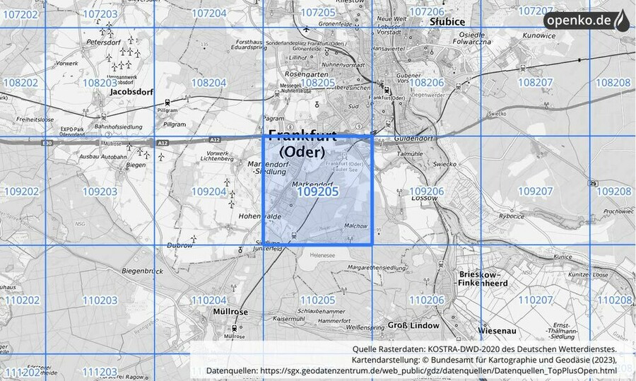 Übersichtskarte des KOSTRA-DWD-2020-Rasterfeldes Nr. 109205