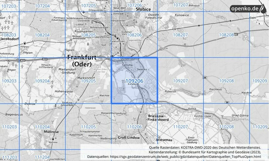 Übersichtskarte des KOSTRA-DWD-2020-Rasterfeldes Nr. 109206