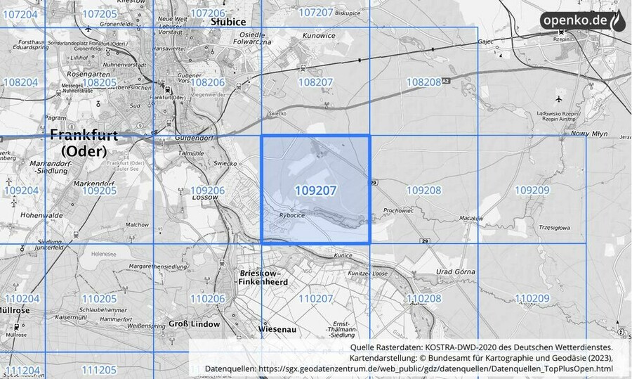 Übersichtskarte des KOSTRA-DWD-2020-Rasterfeldes Nr. 109207