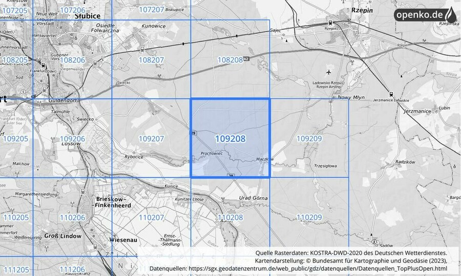 Übersichtskarte des KOSTRA-DWD-2020-Rasterfeldes Nr. 109208