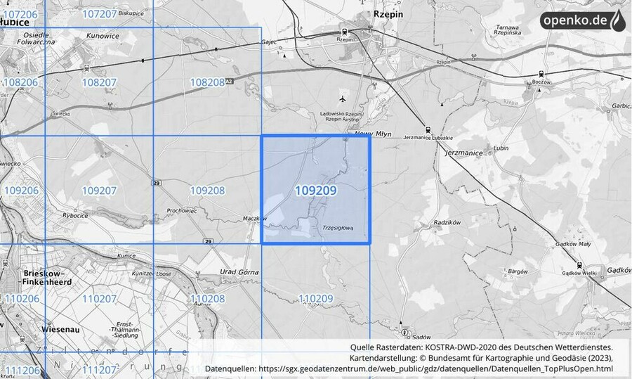 Übersichtskarte des KOSTRA-DWD-2020-Rasterfeldes Nr. 109209