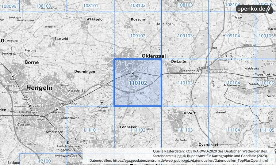 Übersichtskarte des KOSTRA-DWD-2020-Rasterfeldes Nr. 110102