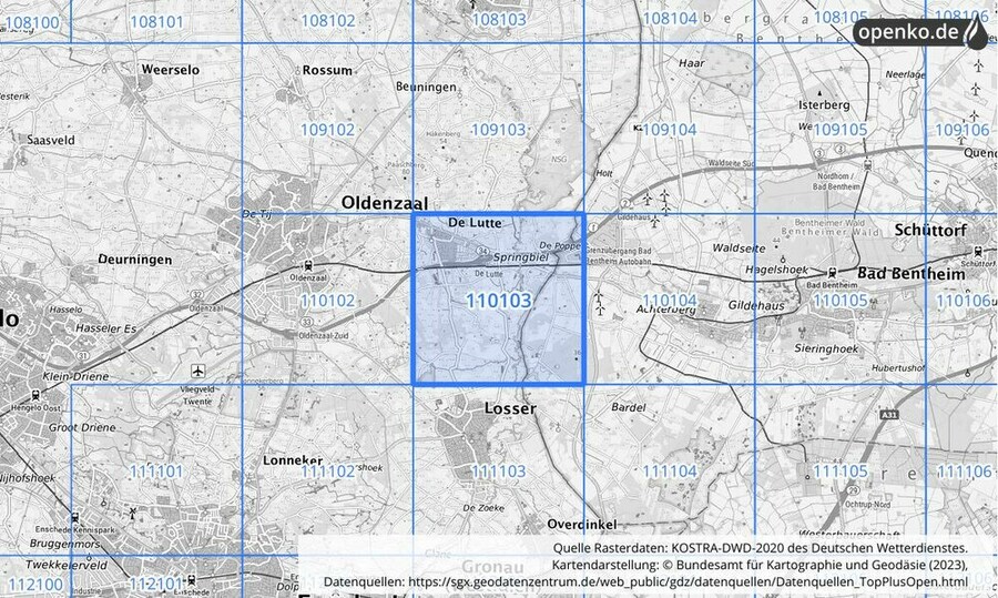 Übersichtskarte des KOSTRA-DWD-2020-Rasterfeldes Nr. 110103