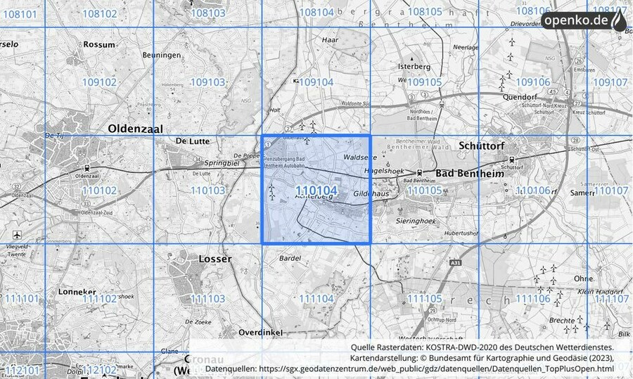 Übersichtskarte des KOSTRA-DWD-2020-Rasterfeldes Nr. 110104