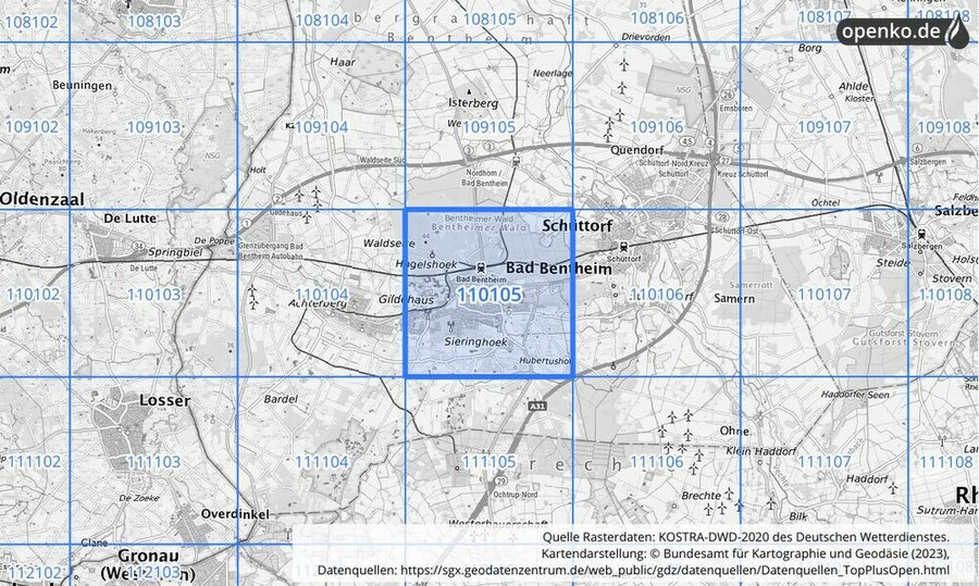 Übersichtskarte des KOSTRA-DWD-2020-Rasterfeldes Nr. 110105