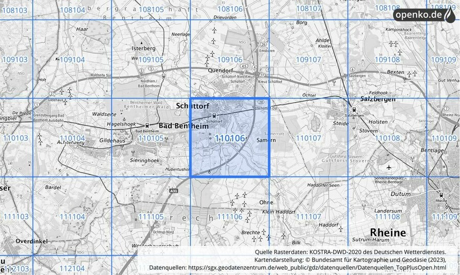 Übersichtskarte des KOSTRA-DWD-2020-Rasterfeldes Nr. 110106