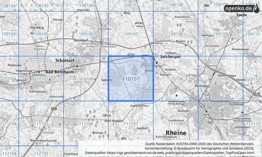 Übersichtskarte des KOSTRA-DWD-2020-Rasterfeldes Nr. 110107