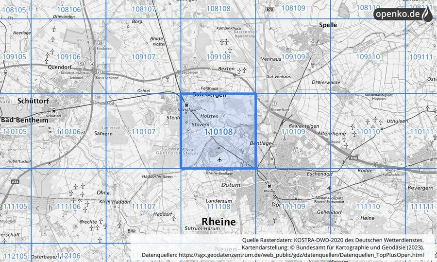 Übersichtskarte des KOSTRA-DWD-2020-Rasterfeldes Nr. 110108