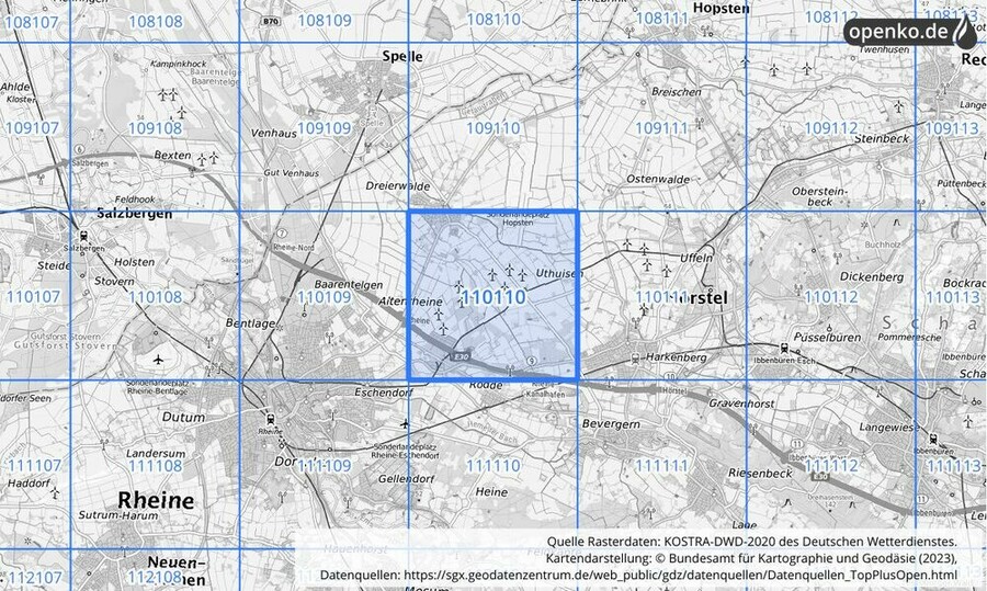 Übersichtskarte des KOSTRA-DWD-2020-Rasterfeldes Nr. 110110