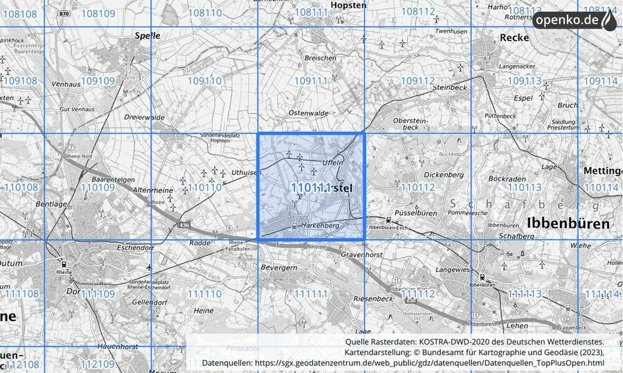 Übersichtskarte des KOSTRA-DWD-2020-Rasterfeldes Nr. 110111