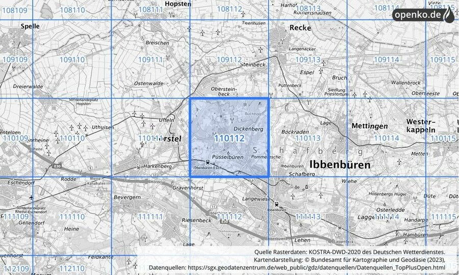 Übersichtskarte des KOSTRA-DWD-2020-Rasterfeldes Nr. 110112