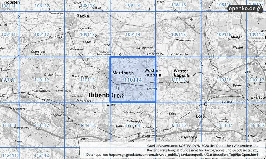 Übersichtskarte des KOSTRA-DWD-2020-Rasterfeldes Nr. 110114