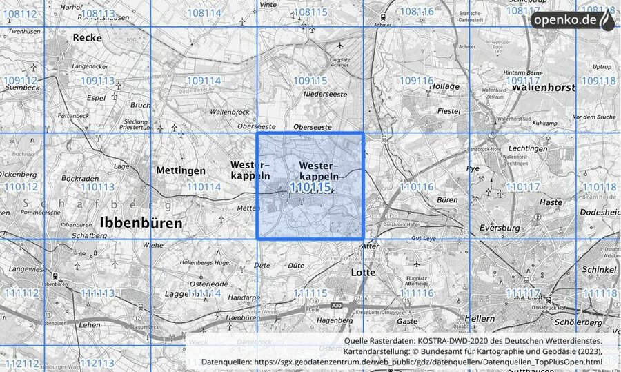 Übersichtskarte des KOSTRA-DWD-2020-Rasterfeldes Nr. 110115