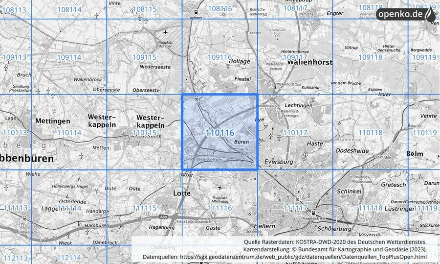 Übersichtskarte des KOSTRA-DWD-2020-Rasterfeldes Nr. 110116