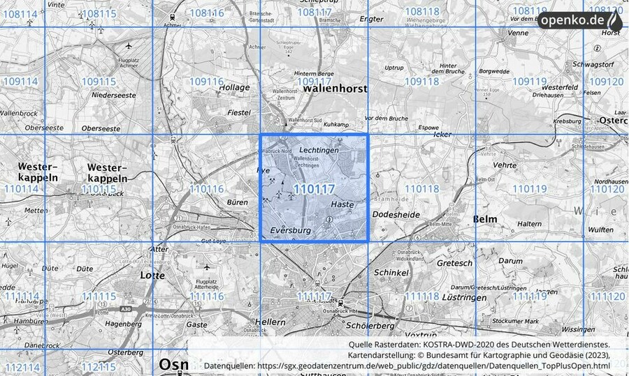 Übersichtskarte des KOSTRA-DWD-2020-Rasterfeldes Nr. 110117