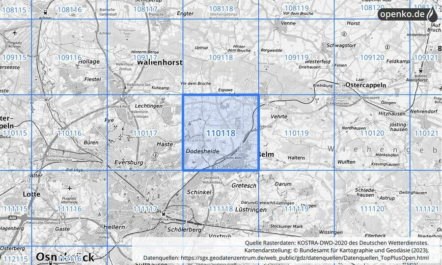 Übersichtskarte des KOSTRA-DWD-2020-Rasterfeldes Nr. 110118