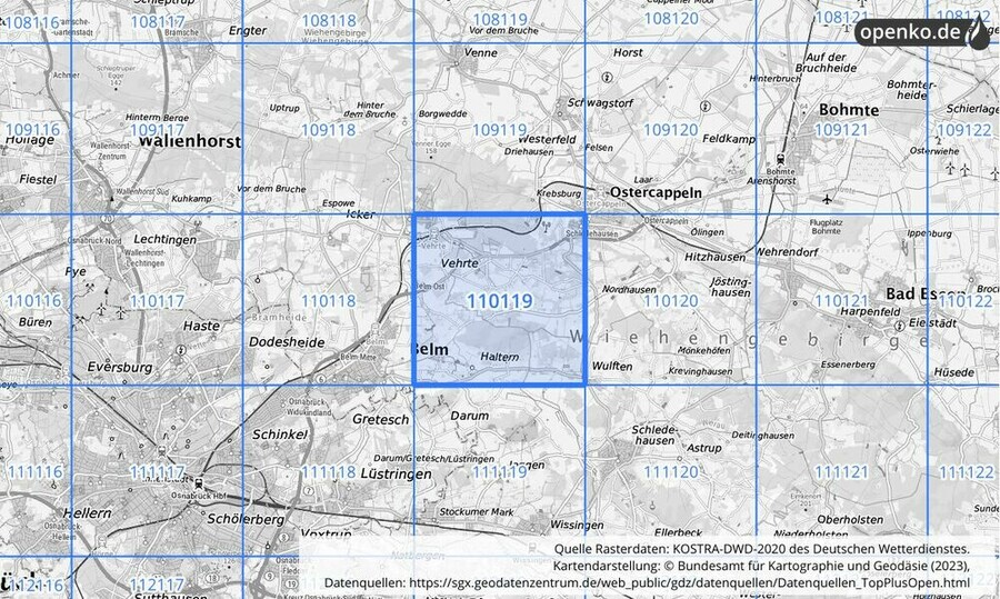 Übersichtskarte des KOSTRA-DWD-2020-Rasterfeldes Nr. 110119