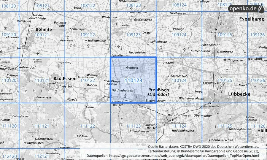 Übersichtskarte des KOSTRA-DWD-2020-Rasterfeldes Nr. 110123