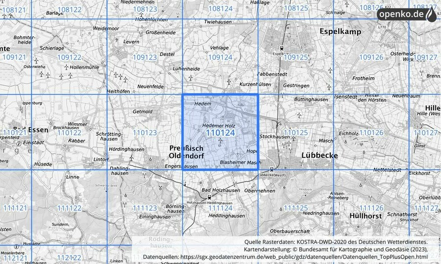 Übersichtskarte des KOSTRA-DWD-2020-Rasterfeldes Nr. 110124