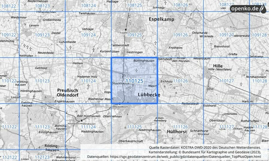 Übersichtskarte des KOSTRA-DWD-2020-Rasterfeldes Nr. 110125