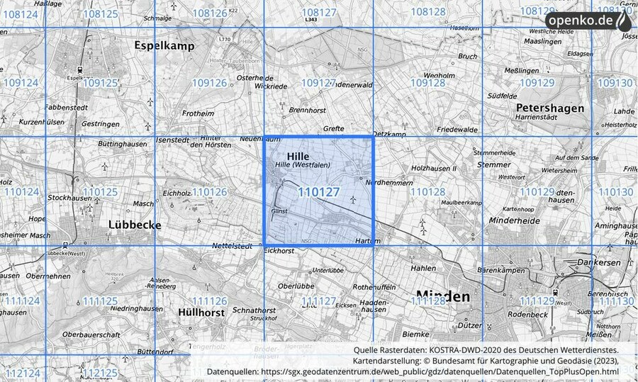 Übersichtskarte des KOSTRA-DWD-2020-Rasterfeldes Nr. 110127