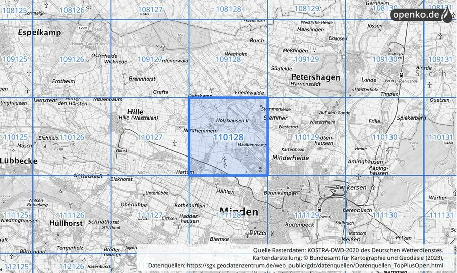 Übersichtskarte des KOSTRA-DWD-2020-Rasterfeldes Nr. 110128