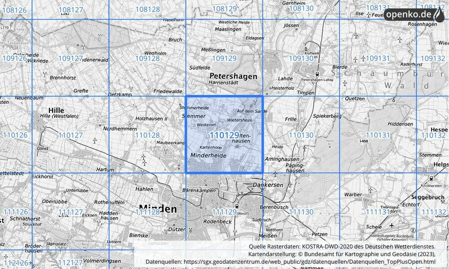 Übersichtskarte des KOSTRA-DWD-2020-Rasterfeldes Nr. 110129