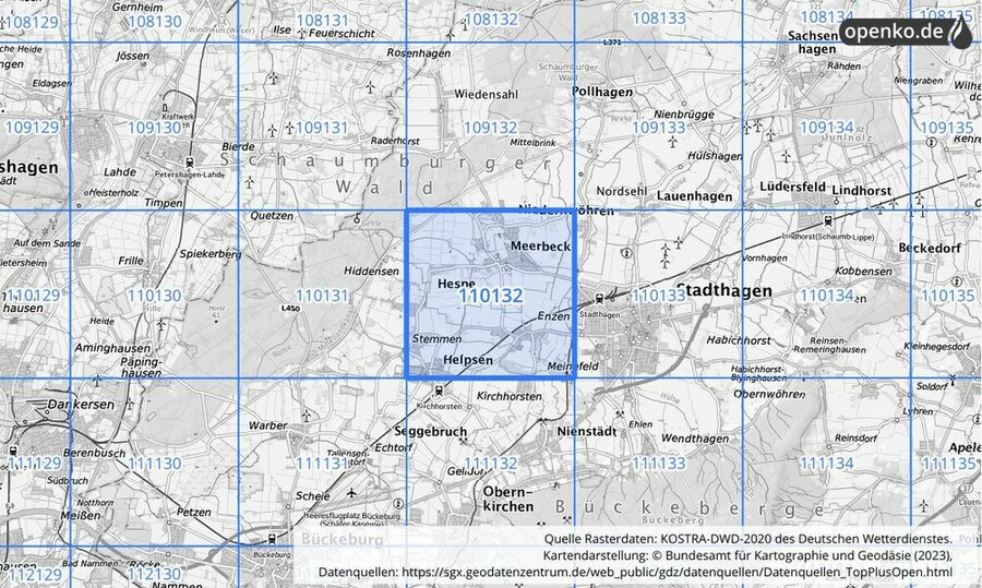 Übersichtskarte des KOSTRA-DWD-2020-Rasterfeldes Nr. 110132