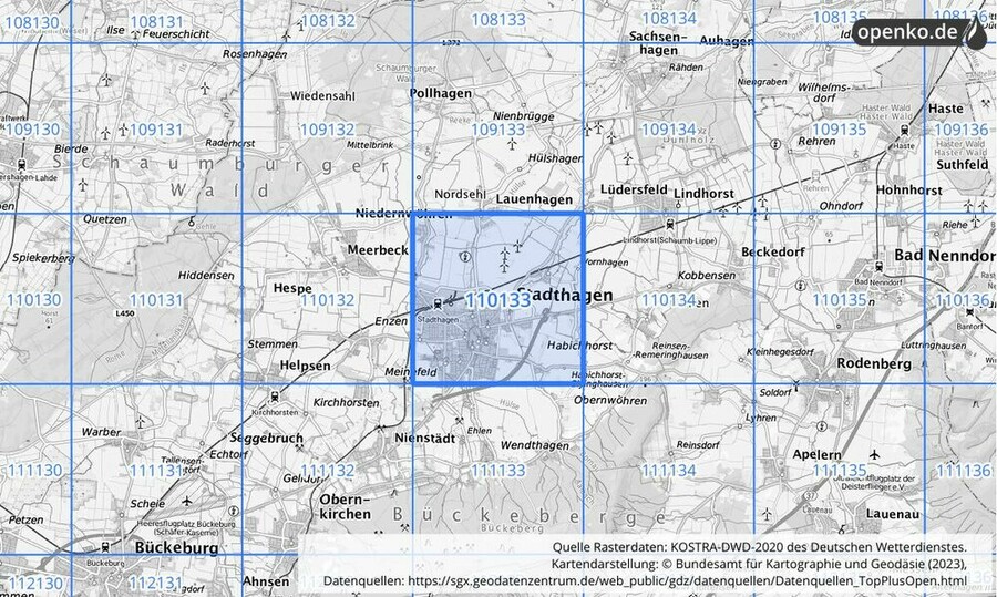 Übersichtskarte des KOSTRA-DWD-2020-Rasterfeldes Nr. 110133