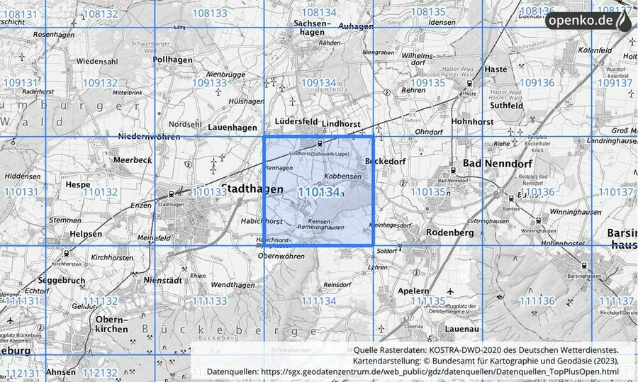 Übersichtskarte des KOSTRA-DWD-2020-Rasterfeldes Nr. 110134