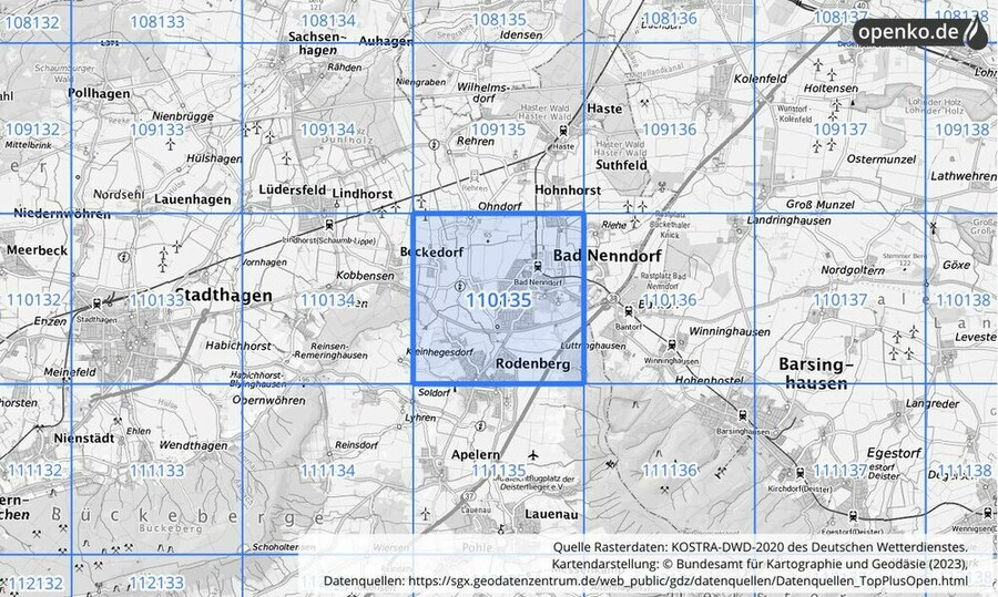 Übersichtskarte des KOSTRA-DWD-2020-Rasterfeldes Nr. 110135