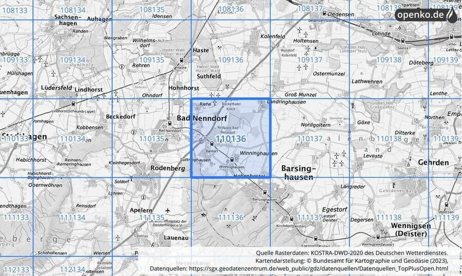 Übersichtskarte des KOSTRA-DWD-2020-Rasterfeldes Nr. 110136