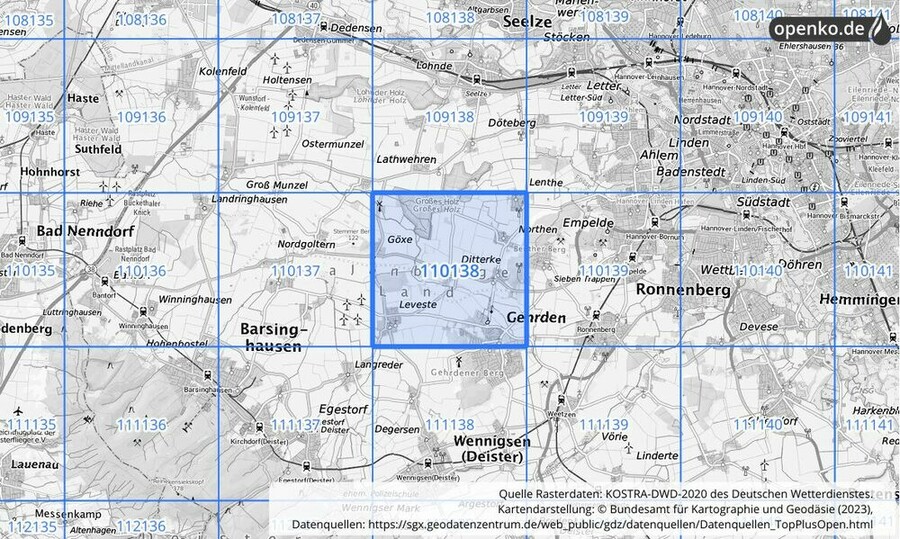 Übersichtskarte des KOSTRA-DWD-2020-Rasterfeldes Nr. 110138