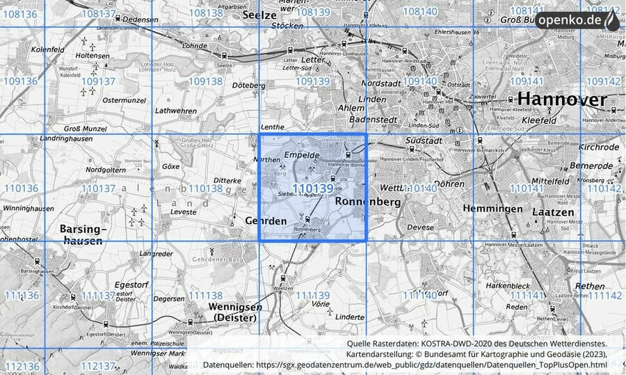 Übersichtskarte des KOSTRA-DWD-2020-Rasterfeldes Nr. 110139