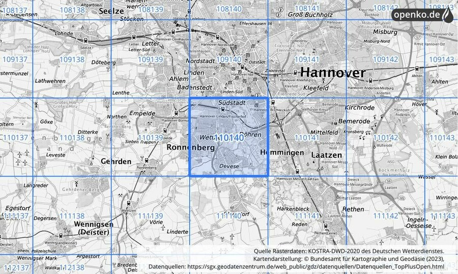 Übersichtskarte des KOSTRA-DWD-2020-Rasterfeldes Nr. 110140