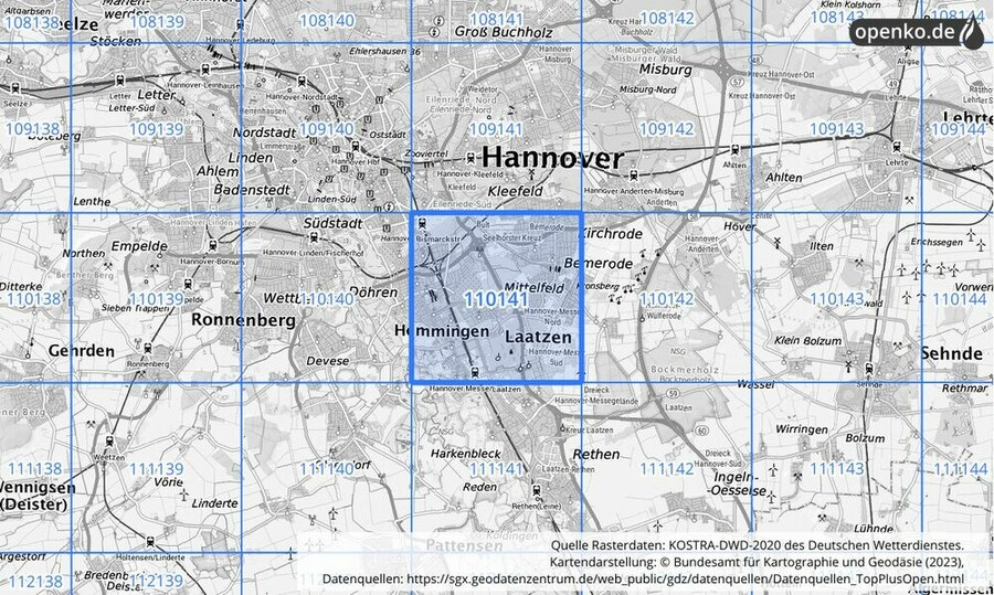 Übersichtskarte des KOSTRA-DWD-2020-Rasterfeldes Nr. 110141