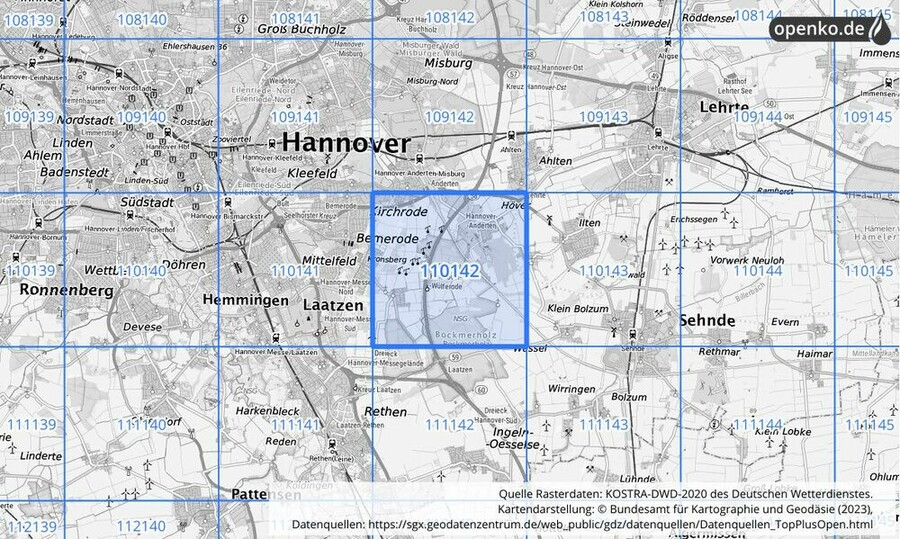 Übersichtskarte des KOSTRA-DWD-2020-Rasterfeldes Nr. 110142